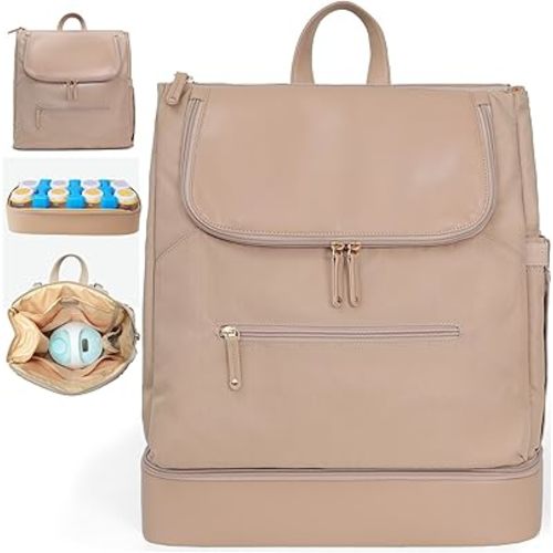 MOMINSIDE Diaper Bag Backpack - Large Baby Diaper Bag with 14 Pocket, Leather & Nylon Travel Diaper Backpack for Mom, Breast Pump Bag, Removable Cooler Compartment, Double Layer, Khaki