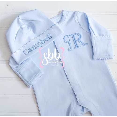 Baby Boy Coming Home Outfit, 100% Organic Cotton, Monogrammed Romper, Personalized Baby Gift, Monogrammed Footie, Blue Picot, Newborn Footie