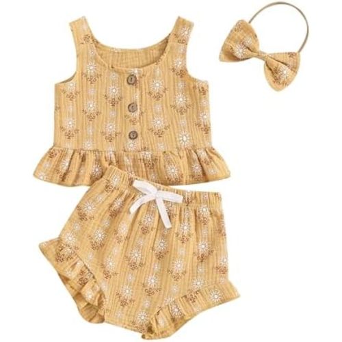 Kayotuas Infant Baby Girl Summer Clothes Floral Halter Sleeveless Tank Top Ruffle Shorts Cute Bow Headband 3 Piece Outfit Set