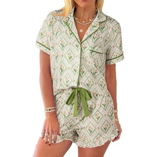 KevaMolly Womens Christmas Lounge Sets Print Pocketed Knotted PJ Set Short Sleeve Top and Shorts