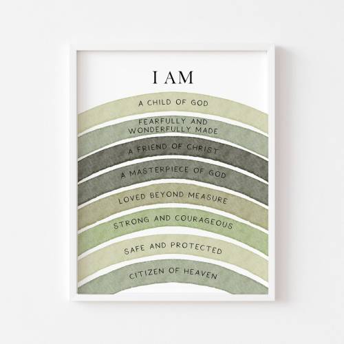 Sage green I am blessed Christian Kids rainbow affirmation print, Watercolor Church Sunday school digital print, Baby shower gift