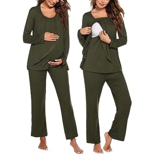 Ekouaer Maternity Nursing Pajama Set Long Sleeve Top & Pants with Pockets Breastfeeding Sleepwear Double Layer Pregnancy