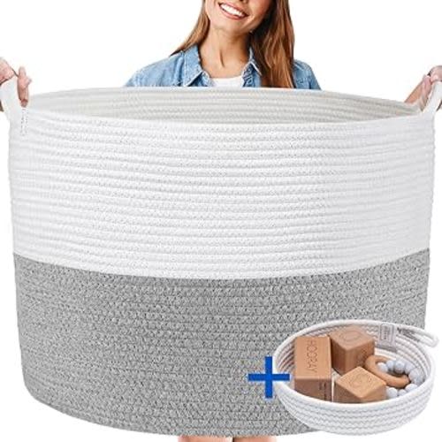 Huddle Supply Co XXXL WASHABLE Blanket Basket Large 2PCs Blanket Storage Living Room - XXX Large Basket for Storing Blankets Toy Basket + Small Basket | Basket for Blankets (Grey and White)