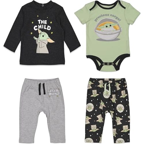 STAR WARS The Child Baby Mix N' Match Short Sleeve Bodysuit Graphic T-Shirt and Pants 4 Piece Layette Set Newborn to Infant
