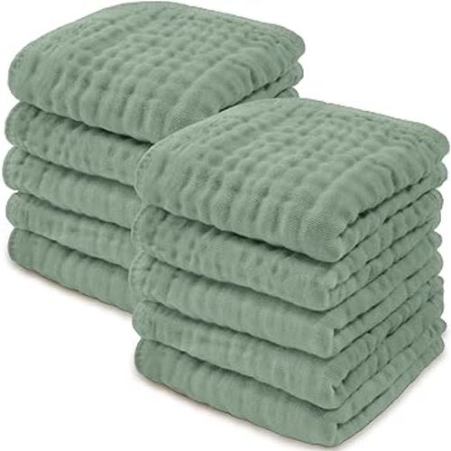 Baby Washcloths, Muslin Cotton Baby Towels, Large 10”x10” Wash Cloths Soft on Sensitive Skin, Absorbent for Boys & Girls, Newborn Baby & Toddlers Bibs & Burp Cloths Essentials Set (Fern, Pack of 10)
