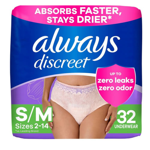Always Discreet Incontinence & Postpartum Incontinence Underwear for Women, Small/Medium, Maximum Protection, 32 Count
