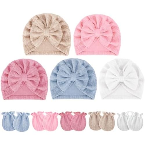 BQUBO Baby Turban Hats and Mittens Set Newborn Infant Hospital Hats Caps with Bows for Baby Boys Girls 0-12 Months