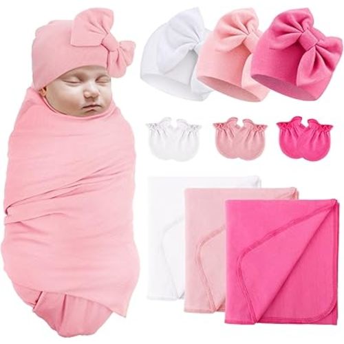 AQOKKA Newborn Receiving Blanket with Bow Hat Mittens Set Nursery Swaddle Wrap Toddler Swaddles for Newborn Baby Boy Girl
