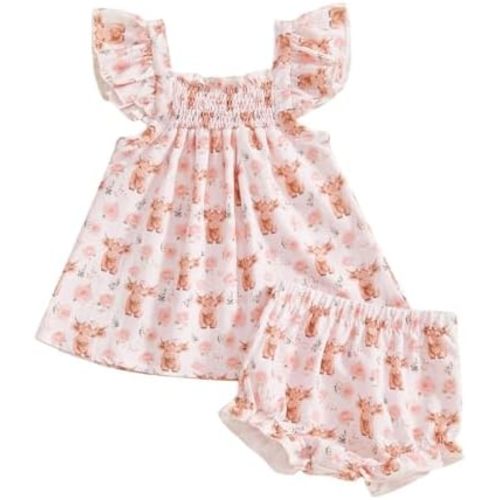 Western Baby Girl Summer Clothes Boho Highland Cow Smocked Dress Shirt Ruffle Bloomer Shorts Cute Cowgirl Outfit