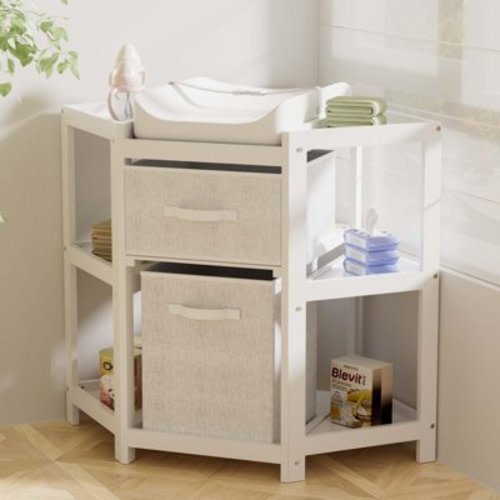 Baby Corner Changing Table with Storage Drawers and Changing Pad, Portable Diaper Station for Nursery, Modern Wood Dresser for Infants Toddlers, White