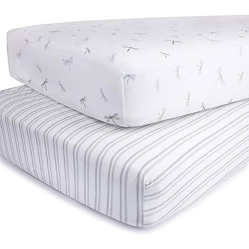 Ely’s & Co. Crib Sheets, Baby Girl/Boy Fitted Crib Mattress Sheet Set, 2 Pack, 100% Jersey Knit Cotton, Infant and Toddler Nursery Bedding, Dragonflies + Stripes Print, 28” x 52”