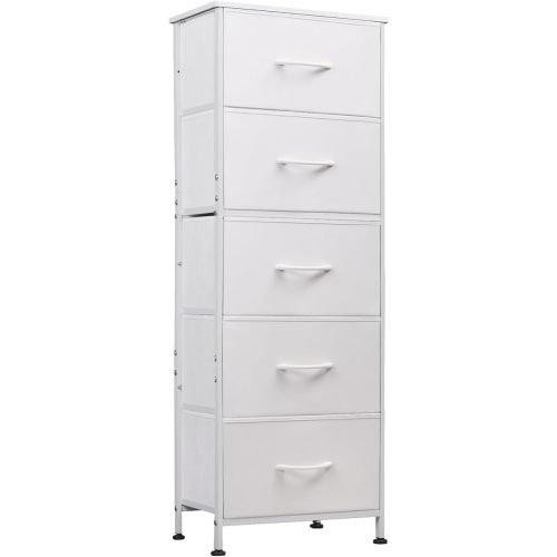 WLIVE Fabric Dresser, 5-Drawer Tall Dresser for Bedroom, Storage Dresser Organizer with Fabric Bins, Wood Top, Sturdy Steel Frame, Chest of Drawers for Closet, Hallway, White
