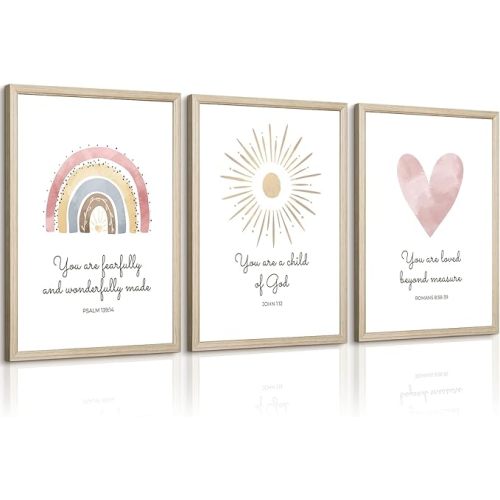 Boho Nursery Wall Art 3 Pieces Bible Verse Nursery Art Christian Girls Nursery Wall Art Heart Rainbow Sun Nursery Art Print Boho Sunshine Decor for Girl Baby Kid Room Decor 12x16 Inch Wood Framed