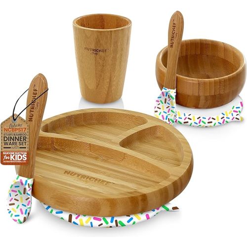 NutriChef Baby and Toddler, 3 compartment plate, bowl, cup and spoon feeding set- silicon suction, Non-toxic all natural Bamboo baby food plate (Sparkle) - Set With Cup