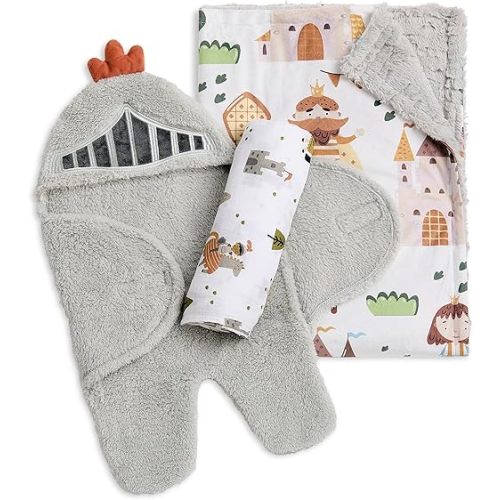Evolur Good Knight 3 pc Baby Gift Set, Includes Sherpa Sack Wrap, Bamboo Muslin Wrap & Velour Blanket, Soft and Breathable, for Newborns, Infants 0-3 Months