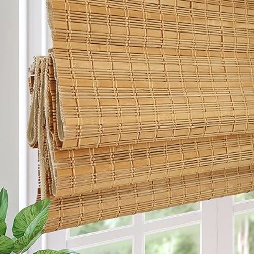 Cordless Blackout Bamboo Roman Shades, Easy Installation Natural Woven Wood Shades, Great Privacy Lined Bamboo Blinds for Windows, Camel