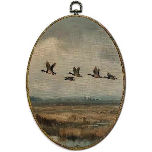 XFCICRLJ Vintage Flying Duck Wall Art Decor, Rustic Farmhouse Oval Canvas Prints Framed, Cottagecore Countryside Farm Animals Landscape Wall Art Decorations for Bedroom Living Room Decor, 11x8.5 Inch