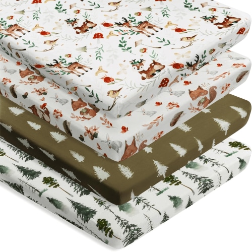 Hltser 4 Pack N Play Sheets Woodland Animals Wood Neutral Unisex Fitted Baby N Play Sheets Fitted for Standard Pack and Plays and Mini Cribs Set for Baby Boys or Girls