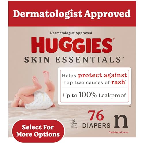 Huggies Size Newborn Diapers, Skin Essentials Baby Diapers, Size Newborn (6-9 lbs), 76 Count, Packaging May Vary