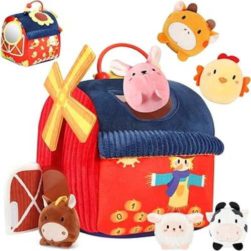 Baby Toys 6-12 Months - Soft Barn Toy with Stuffed Farm Animals, Rattle, Crinkle Paper, Squeaker, Mirror - Montessori Sensory Toys for 6 Month Old Developmental, 1 Year Old Boy Girl Gifts