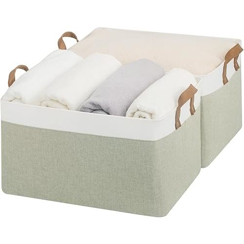 StorageWorks Storage Bins, Fabric Storage Bins for Shelves, Extra Large Storage Baskets with Metal Frame, Closet Baskets and Bins with Handles, Jumbo, Green and White, 2-Pack