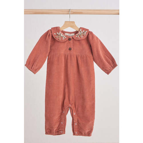 Rust Floral Embroidered Velveteen Romper with Peter Pan Collar | 100% Cotton