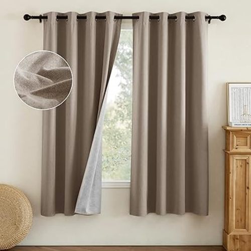 NICETOWN Linen Bedroom Full Blackout Faux Linen Curtain Panels Set of 2, 52" by 72", Thick Insulated Classic Grommet Blackout Draperies with White Thermal Insulated Liner for Windows