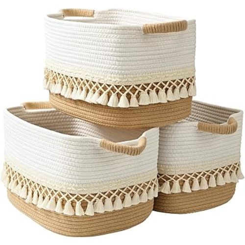 2 Pack Storage Basket, Heavy Tassel Woven Baskets for Storage, Boho Cotton Rope Storage Bin, Cube Organizer Bins, Baby Laundry Basket for Clothes, Toys, Diapers, Pets（White & Jute）