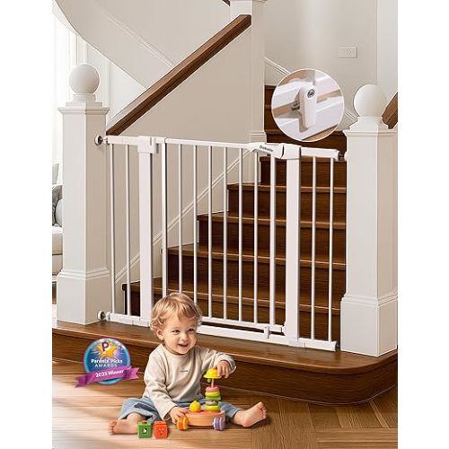 Babelio 29-43" Magnetic Baby Gate for Stairs,Doorways House,Kitchen,30" Tall Pet Barrier with Baffles,Pressure Mounted & Dual-Lock Design Safety for Kids Toddler,Auto-Close/Hold-Open,White