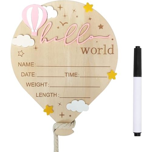Baby Announcement Sign, 5.9 Inch Wooden Hello World Newborn Signs, Birth Announcement Sign, Hot Air Balloon and Stars Decoration, Welcome Newborn Arrival To World, Hospital Nursery for Baby (Pink)