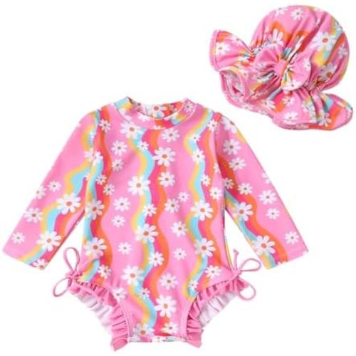 Infant Baby Girl Swimsuit One-Piece Long Sleeve Rash Guard with Hat Set Floral Zipper Bathing Suit Leopard Beach Wear