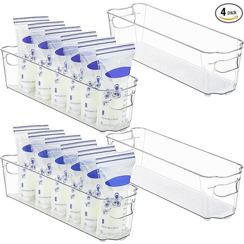 Vtopmart Breastmilk Storage Container 4PCS Set, Clear Freezer and Fridge Organizer Bins, Plastic Storage Bins for Breast Milk, Baby Pouches, Formula, Bottles and Yogurts, 4.3’’ Width, 14.7" Long
