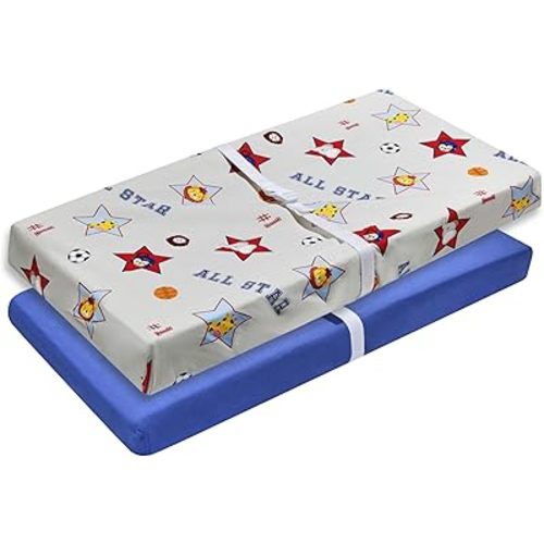 EVERYDAY KIDS 2 Pack Baby Changing Pad Covers for Boys in Solid Blue and Jungle Animal Print – Fits Most Changing Table Pads; 100% Cotton Percale Weave, Breathable, Ultra Soft Changing Table Topper