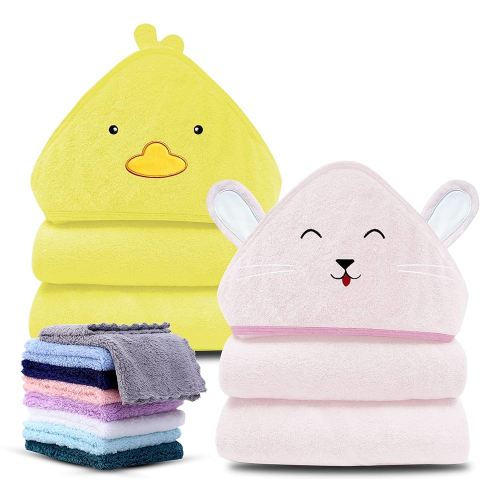 Cute Castle 2 Pack Hooded Baby Towel Rayon Made from Bamboo with 8 Washcloths - Soft Bath Towel for Bathtub for Babie, Newborn, Infant, Natural Baby Stuff Towel (Duck and Rabbit)