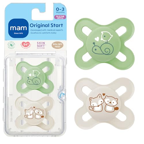MAM Original Start Matte Baby Pacifiers 0-3 Months Newborns, BPA-Free Skin Soft Silicone Nipple, Developed with Medical Experts, Easy to Clean, 2 Count with Sterilizer Case