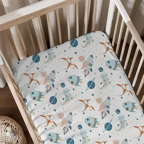 Cartoon Space Dinosaur Rockets Planets Stars Pattern Baby Sheets for Crib, Unisex Dinosaur Theme Nursery Fitted Bed Sheet for Boys Girls Standard Crib and Toddler Mattress-28x52