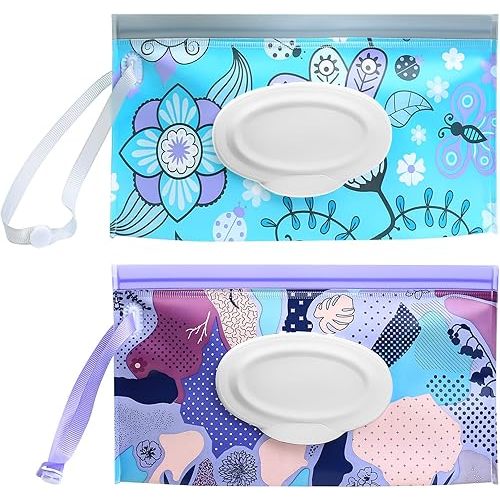 Baby Wipes Dispenser, 2 Pcs Travel Baby Wipe Holder, Refillable Baby Wet Wipe Pouch, Reusable Baby Wipes Container, Portable Baby Wipe Dispenser, Wipe Bags for Travel, blue purple Floral