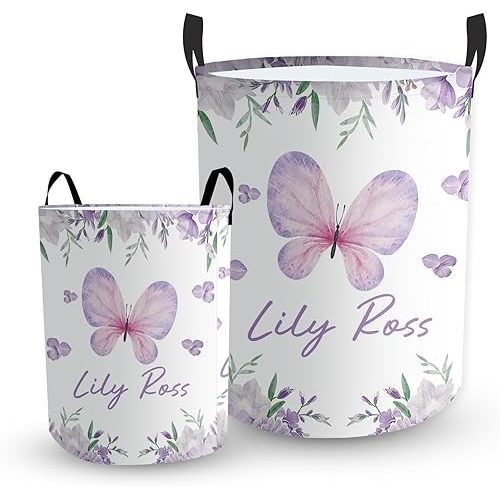 Personalized Laundry Hamper for Girls – Custom Name Baby Laundry Basket with Handles, Light Purple Butterfly Pattern Nursery Room Storage Basket, Foldable Oxford Toy Organizer Gift for Toddlers