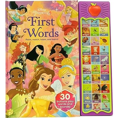 Disney Princess Cinderella, Moana, Rapunzel, and More! - First Words: Point, Match, Listen, and Learn! 30-Button Sound Book - PI Kids