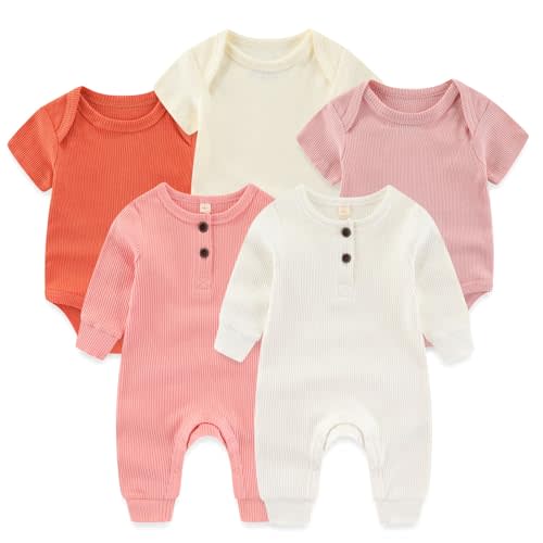 Ruliby Baby Bodysuit Ribbed Romper 5-pcs Soft Unisex Boy Girl Outfit Clothes Set 0-12 momth