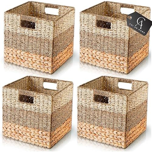 13x13x13 Storage Cube Bins Wicker Storage Basket for Cube Shelf, Natural Foldable Square Baskets for Storage, Large Woven Cube Storage Bin with Handle, Baskets for Pantry, Bedroom Set of 4