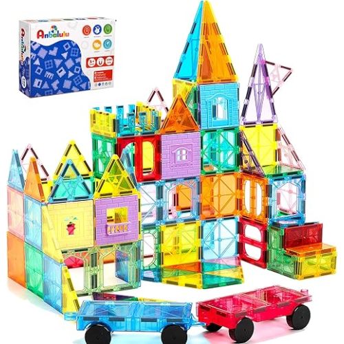 Magnetic Tiles 100PCS with 2 Cars, STEM Educational Building Blocks for Kids Ages 3-9, Magnet Construction Toys Gift for Toddlers