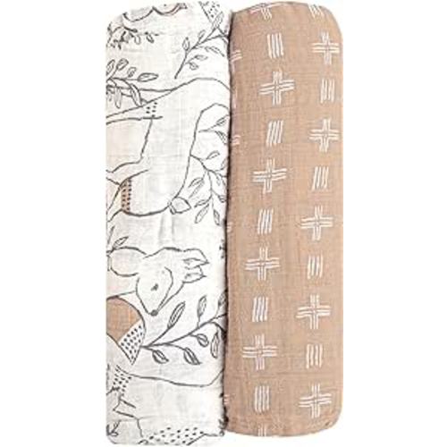 Crane Baby Soft Muslin Swaddle, Soft Swaddle Wraps for Boys and Girls, Beige and Woodland Animal, 2 Count, 47" x 47"