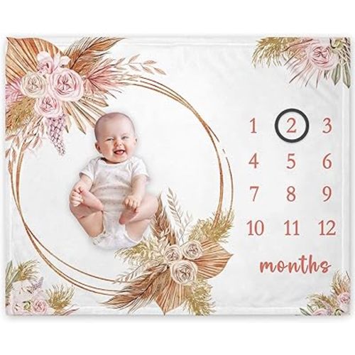 Yuzioey Boho Floral Milestone Blanket, Girl Bohemian Baby Growth Chart Monthly Blanket, Watch Me Grow Girl Flower Nursery for New Moms Baby Shower(50"x40")