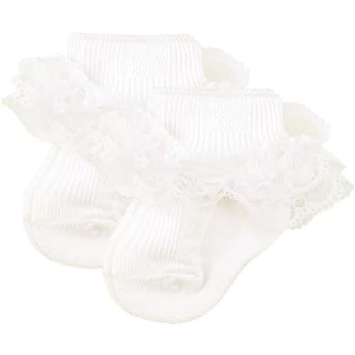2 Pack Baby Girls Socks Eyelet Ruffle Lace Baby Socks Newborn Infant Toddler Dress Socks Frilly Ruffle Socks for Girls