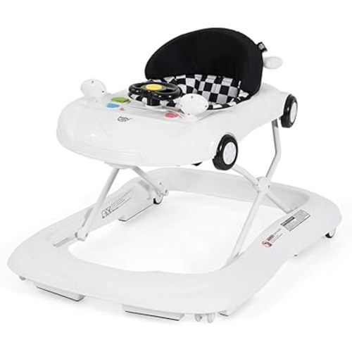 BABY JOY Baby Walker, Activity Walker with Adjustable Height & Lights, Music, Steering Wheel, Mirrors, Removable Play Tray to Food Tray, High Back Padded Seat, Compact Folding Design (White)