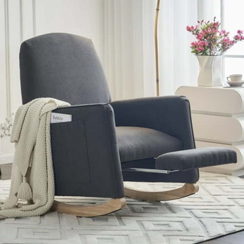 Rocking Chair Nursery Glider Chair with Adjustable FootRest, Nursery Rocking Chairs with Wood Legs Side Pocket, Cotton Linen High Back Nursing Chair, for Living Room, Bedroom, Cozy Reading, Dark Gray