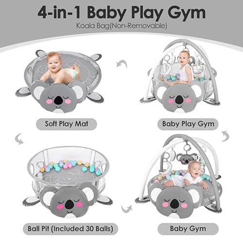 4-in-1 Baby Play Mat Baby Gym,Tummy Time Mat for Floor Activity Gym Ball Pit Including 30 Balls With 5 Infant Learning Sensory Baby Toys for Newborn Toddler to Develop Motor Cognition Boy & Girl Gifts - Koala