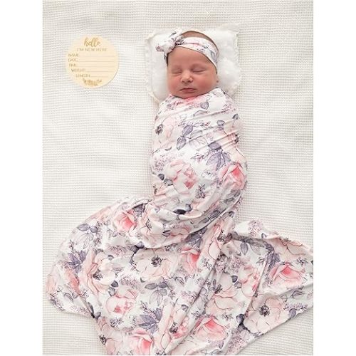 Newborn Baby Girl Receiving Blanket Swaddle Blanket Stretchy Knit Swaddle Set with Matching Headband Beanie and a Name Card (Ink Pink)