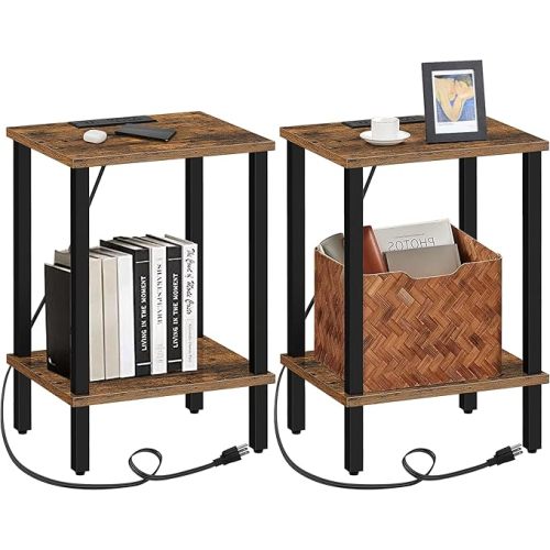 TUTOTAK End Table with Charging Station, Side Table with USB Ports and Outlets, Nightstand, 2-Tier Storage Shelf, Sofa Table for Small Space, 1 Package(2PCS) TB01BB041